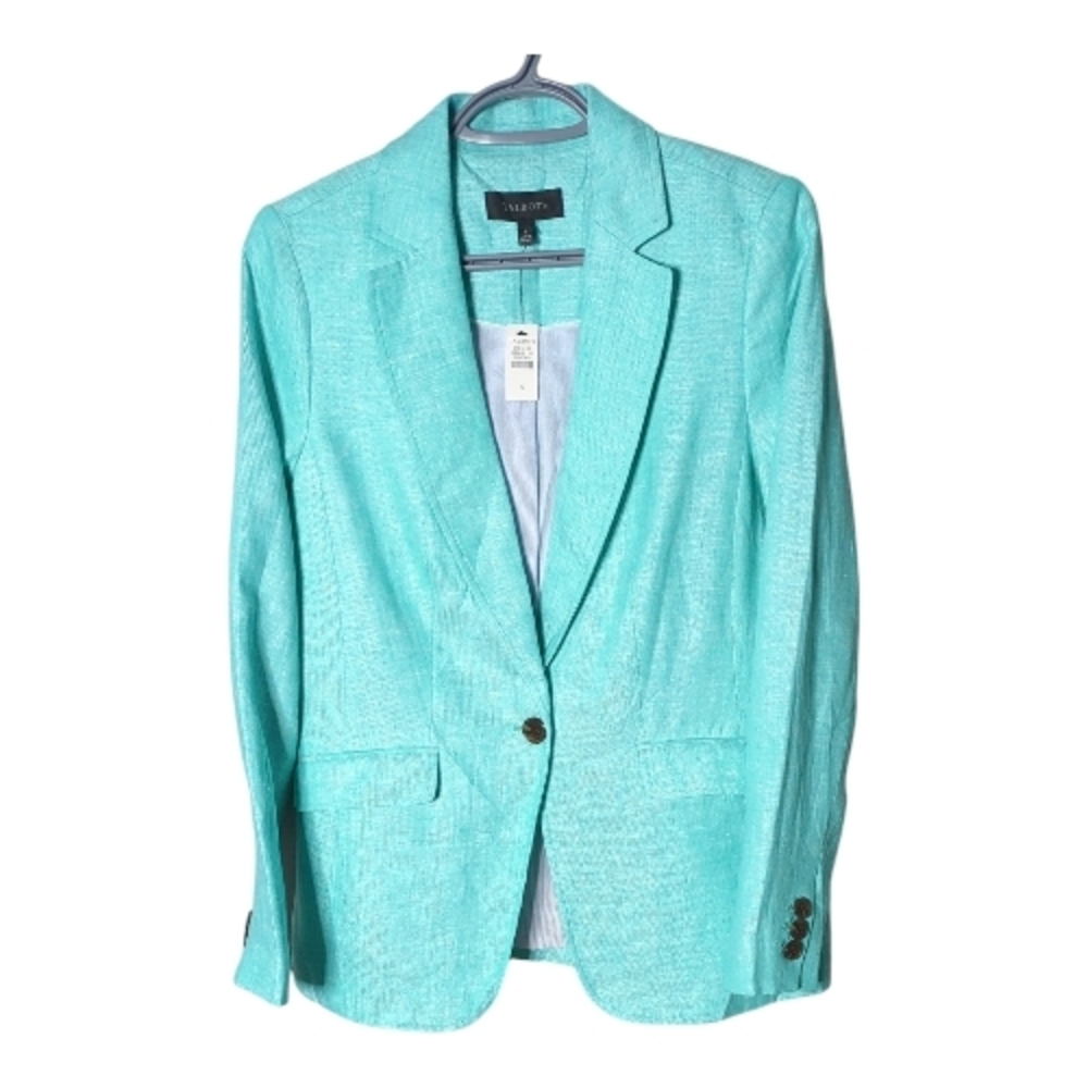 NWT Talbots Herringbone Linen Blazer Striped‎ Lining Turquoise Size 4